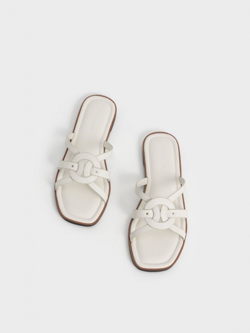Slapi Charles & Keith Ring Detail Cu Bretele Flats Albi | 409BJWHUQ