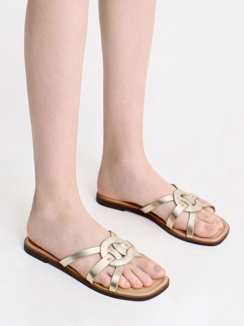 Slapi Charles & Keith Ring Detail Metallic Cu Bretele Flats Aurii | 248TYSHLJ