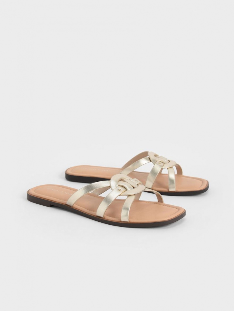 Slapi Charles & Keith Ring Detail Metallic Cu Bretele Flats Aurii | 248TYSHLJ
