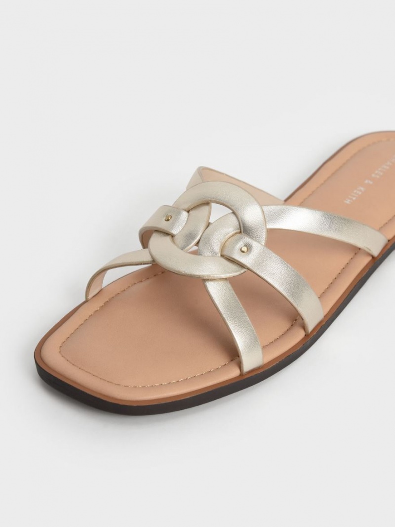 Slapi Charles & Keith Ring Detail Metallic Cu Bretele Flats Aurii | 248TYSHLJ