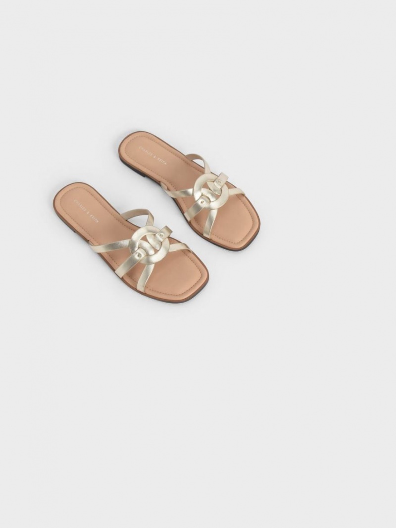 Slapi Charles & Keith Ring Detail Metallic Cu Bretele Flats Aurii | 248TYSHLJ