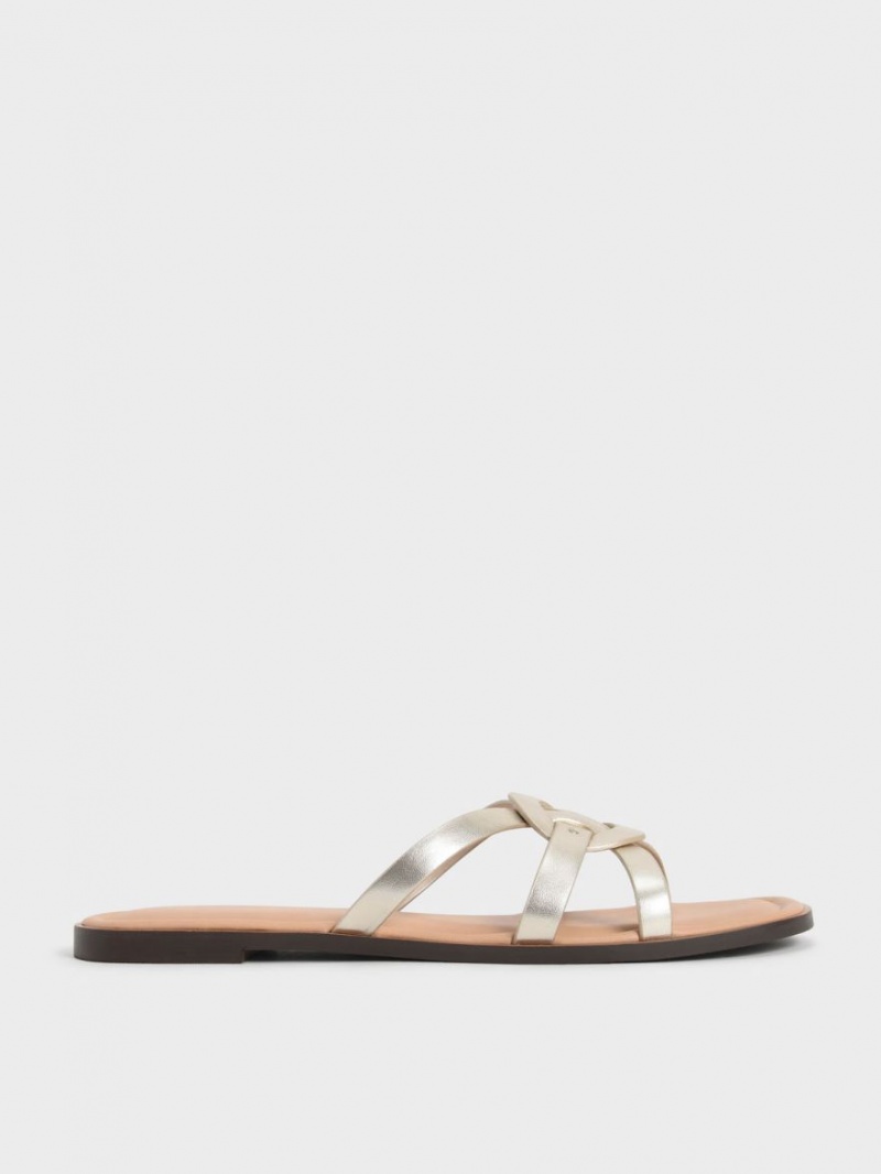 Slapi Charles & Keith Ring Detail Metallic Cu Bretele Flats Aurii | 248TYSHLJ