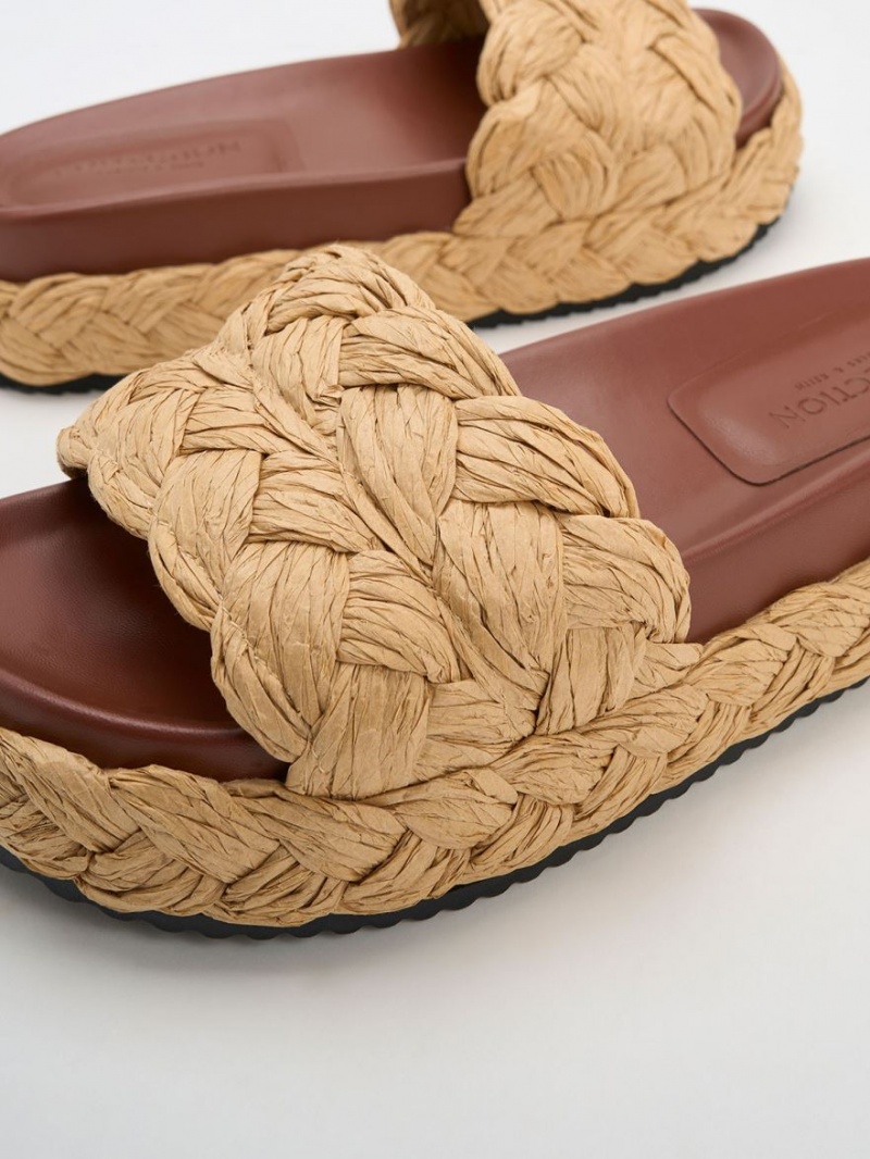 Slapi Charles & Keith Tali Raffia Braided Maro Inchis | 134BZFQLD