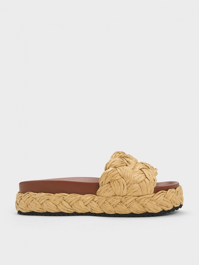 Slapi Charles & Keith Tali Raffia Braided Maro Inchis | 134BZFQLD